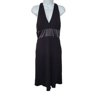 90s Y2K Black Halter Dress 6 Small Satin V Neck Plunge Party Cocktail Occasion